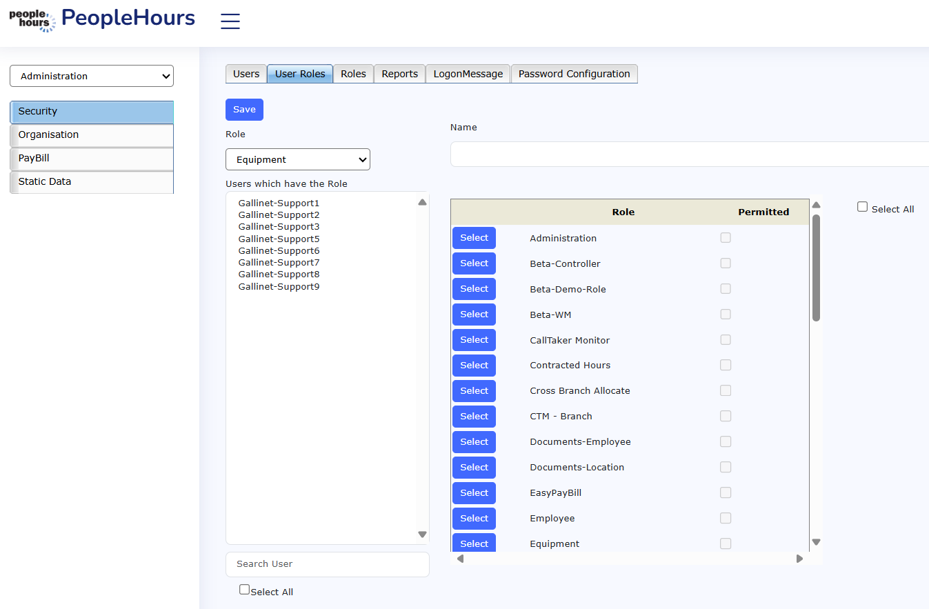 User Roles Screen