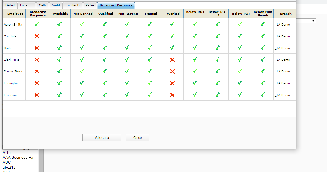 3 - Once one or more employees have responded a green tick will be indicated in the first column.