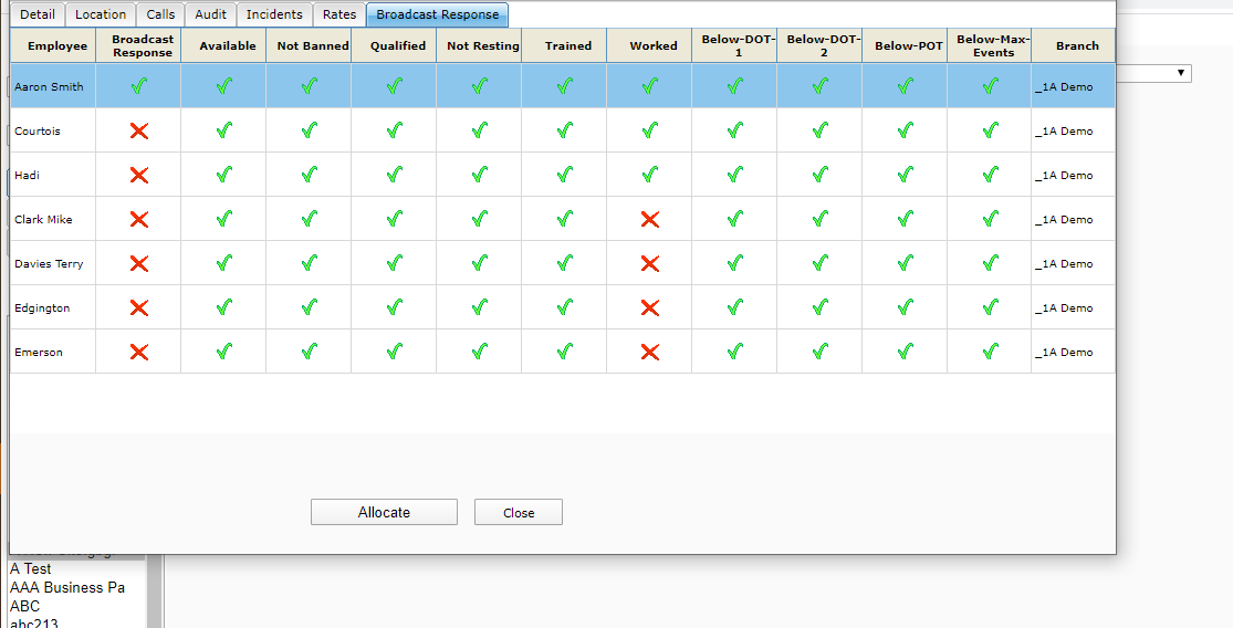 4 - Click on the row for the employe you wish to allocate to the duty and click the allocate button.