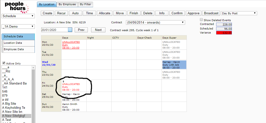 11 - The schedule screen and the duty we selected is now marked with a B in the cell to indicate that the duty has been broadcast.