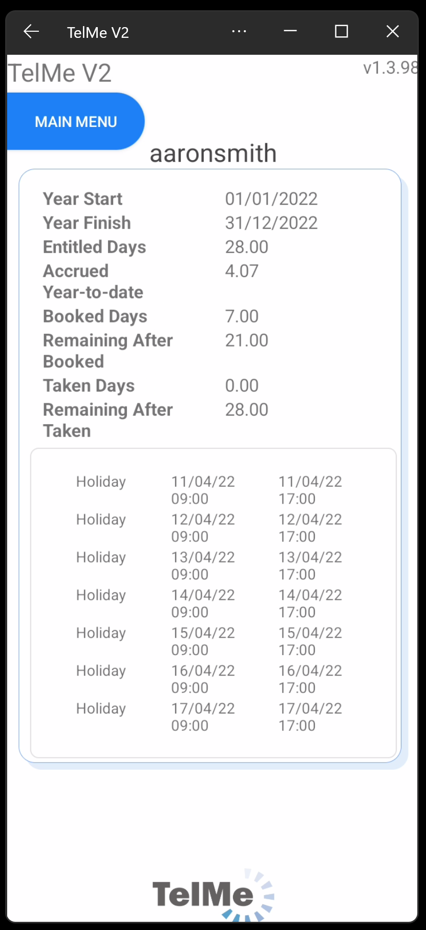 Holiday details screen